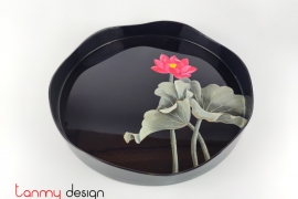 Dark blue round lacquer tray hand-painted with pink lotus/ Size 33cm
